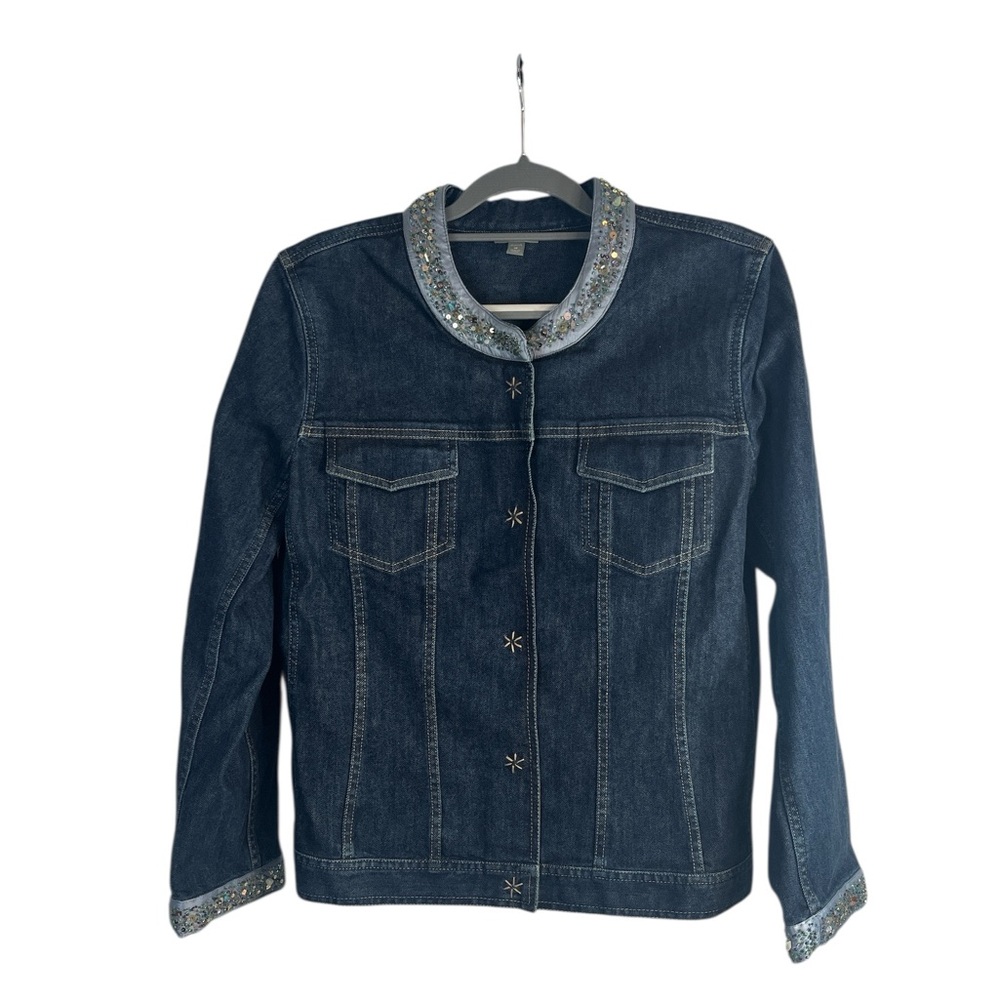 J.Jill Denim Jacket Womens Medium Embellished Beaded Collar Stretch Jean Jacket